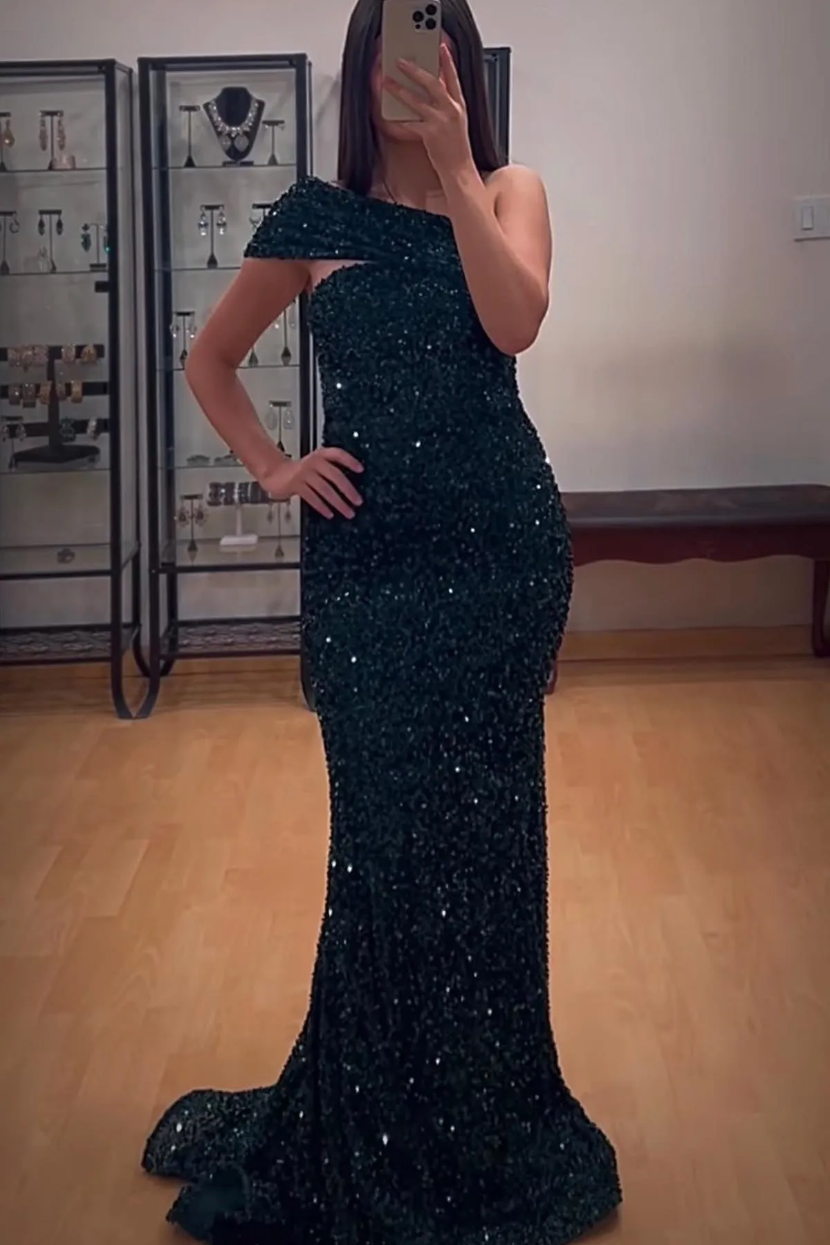 One Shoulder Burgundy Sequin Mermaid Long Evening Dress