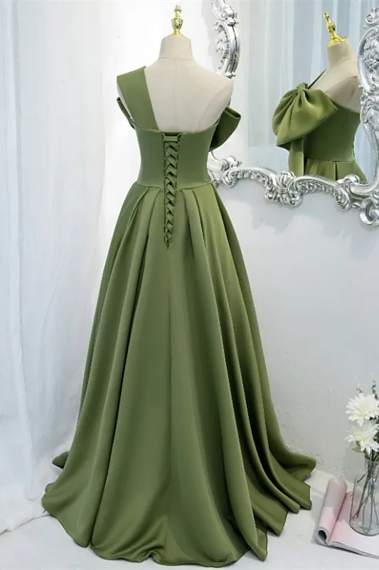 One Shoulder Green Bow Long Formal Dress