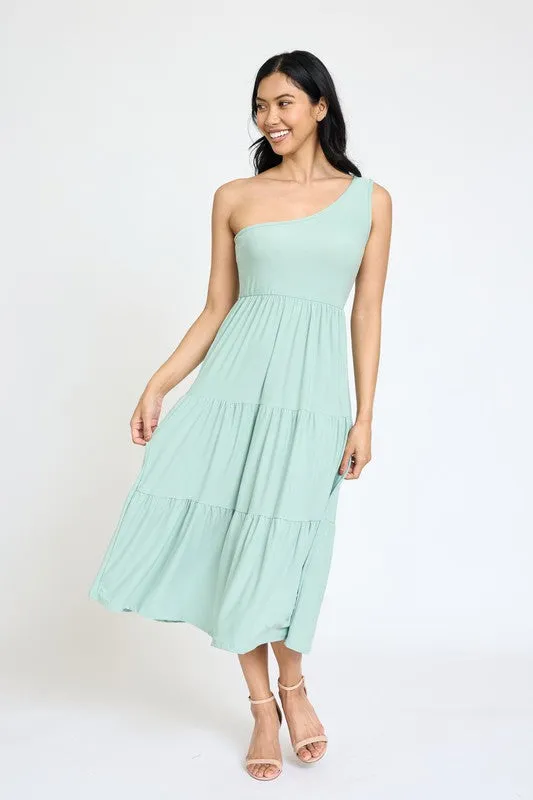 One Shoulder Ruffle Midi Dress