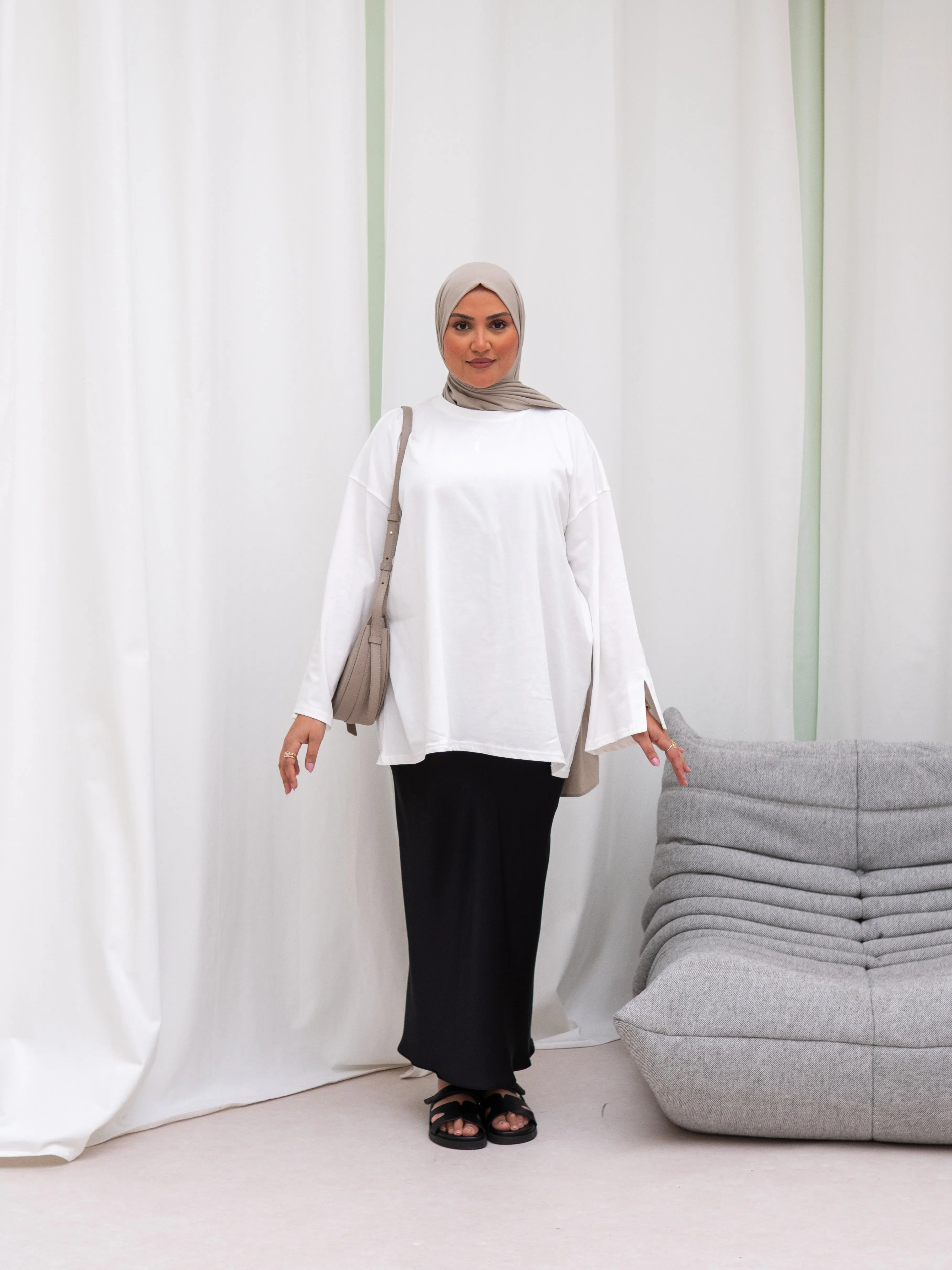 oversized white long-sleeve t-shirt