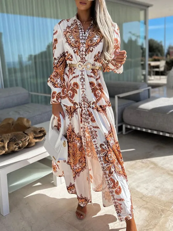 Paisley Print Maxi Dress with Button-Down Front and High Slit
