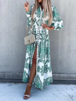 Paisley Print Maxi Dress with Button-Down Front and High Slit