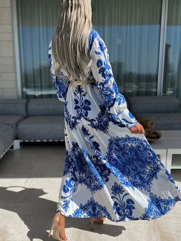 Paisley Print Maxi Dress with Button-Down Front and High Slit
