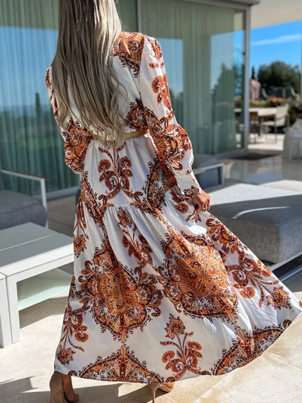 Paisley Print Maxi Dress with Button-Down Front and High Slit