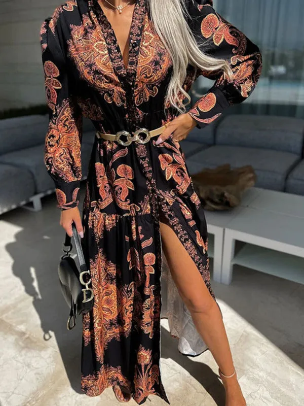 Paisley Print Maxi Dress with Button-Down Front and High Slit