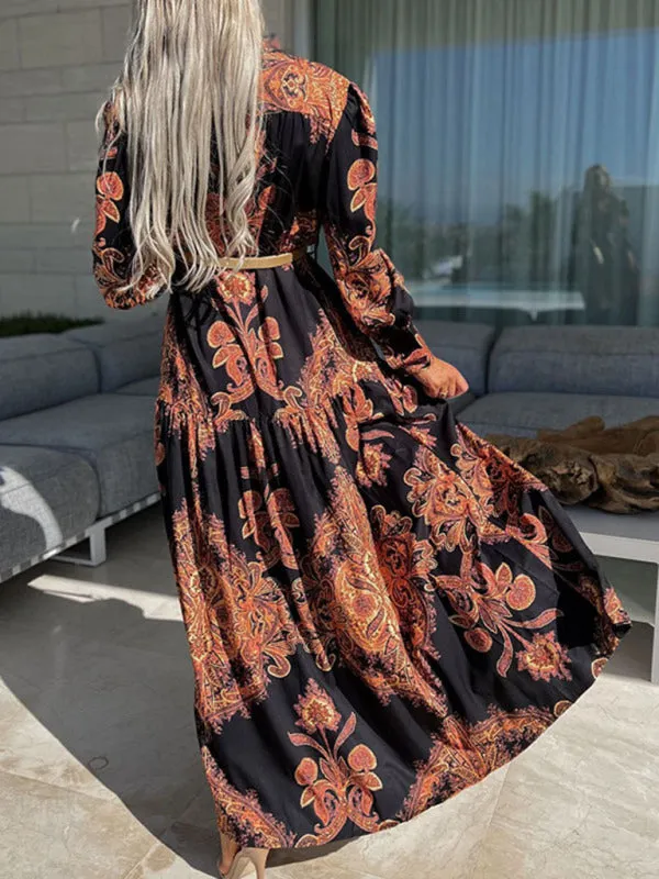 Paisley Print Maxi Dress with Button-Down Front and High Slit