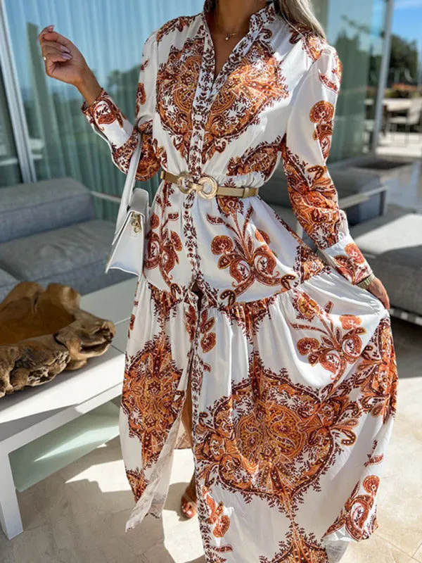 Paisley Print Maxi Dress with Button-Down Front and High Slit