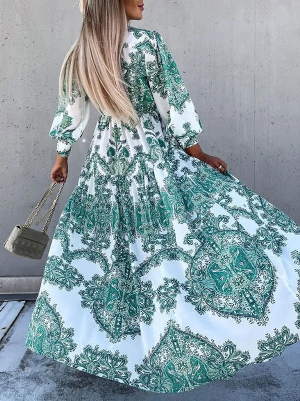 Paisley Print Maxi Dress with Button-Down Front and High Slit
