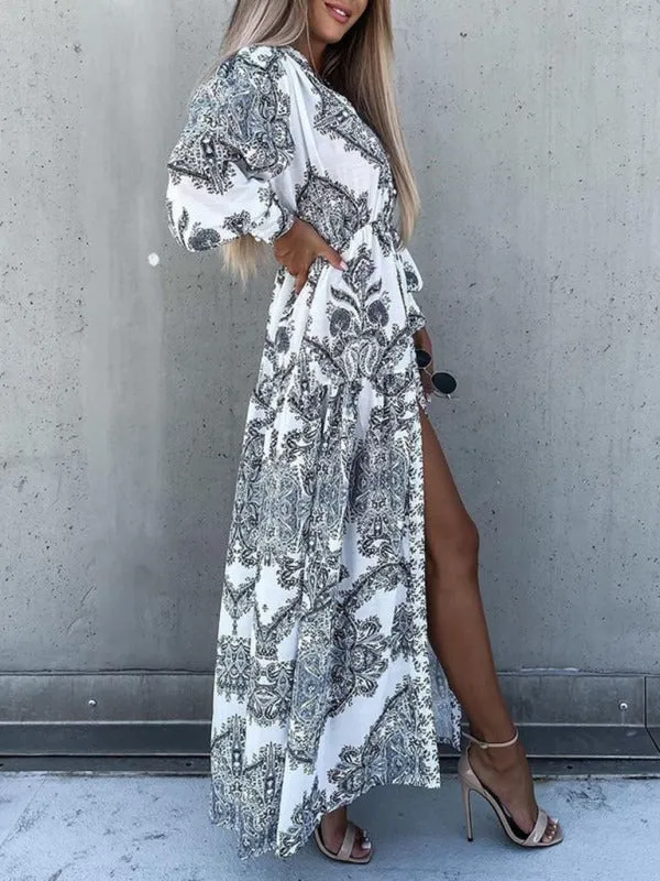 Paisley Print Maxi Dress with Button-Down Front and High Slit