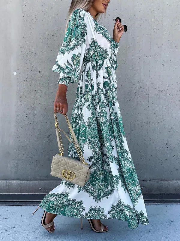 Paisley Print Maxi Dress with Button-Down Front and High Slit