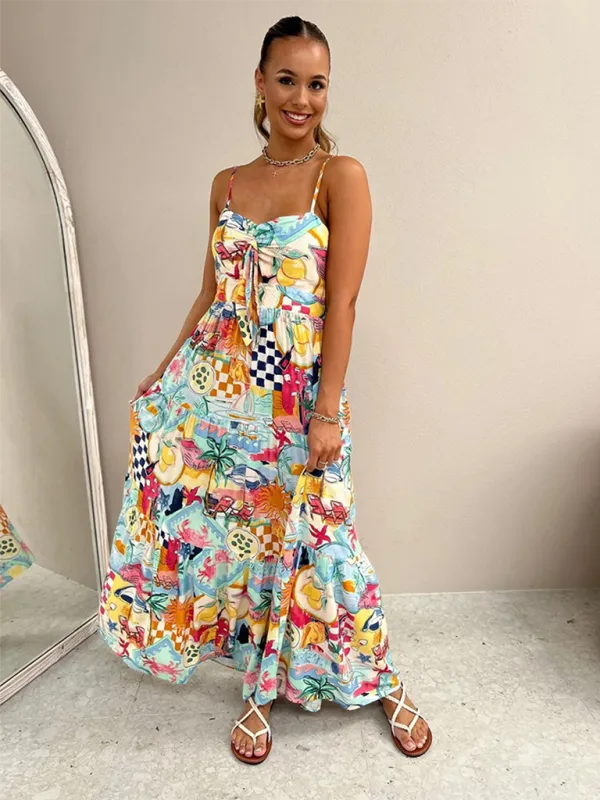 Patchwork Maxi Dress with Bow Detail and Spaghetti Straps
