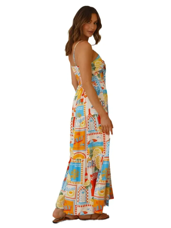 Patchwork Maxi Dress with Bow Detail and Spaghetti Straps