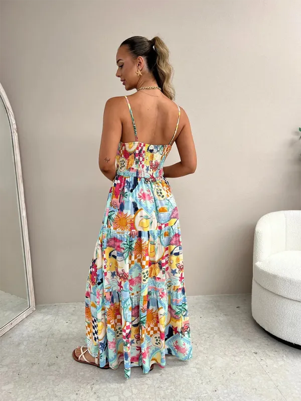 Patchwork Maxi Dress with Bow Detail and Spaghetti Straps