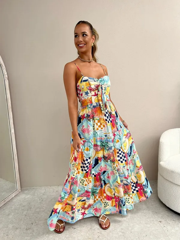 Patchwork Maxi Dress with Bow Detail and Spaghetti Straps