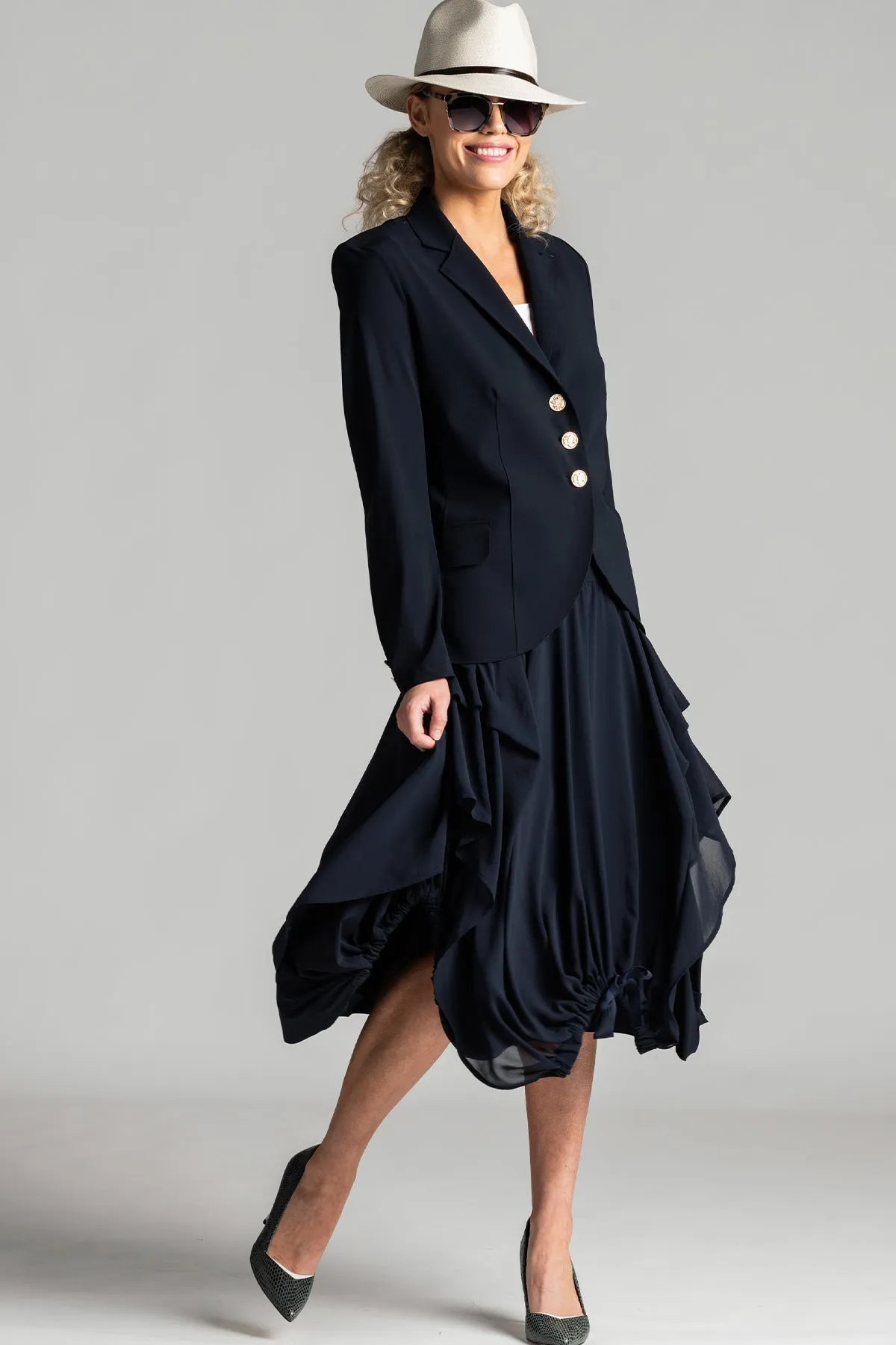 PAULA RYAN Classic Waisted Jacket - Navy - Bonded Microjersey