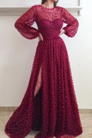 Pearls Sheer Neckline Evening Dresses with Loose Sleeves