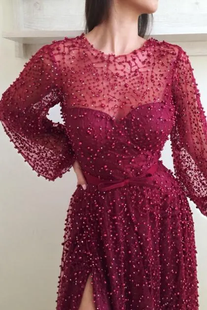 Pearls Sheer Neckline Evening Dresses with Loose Sleeves