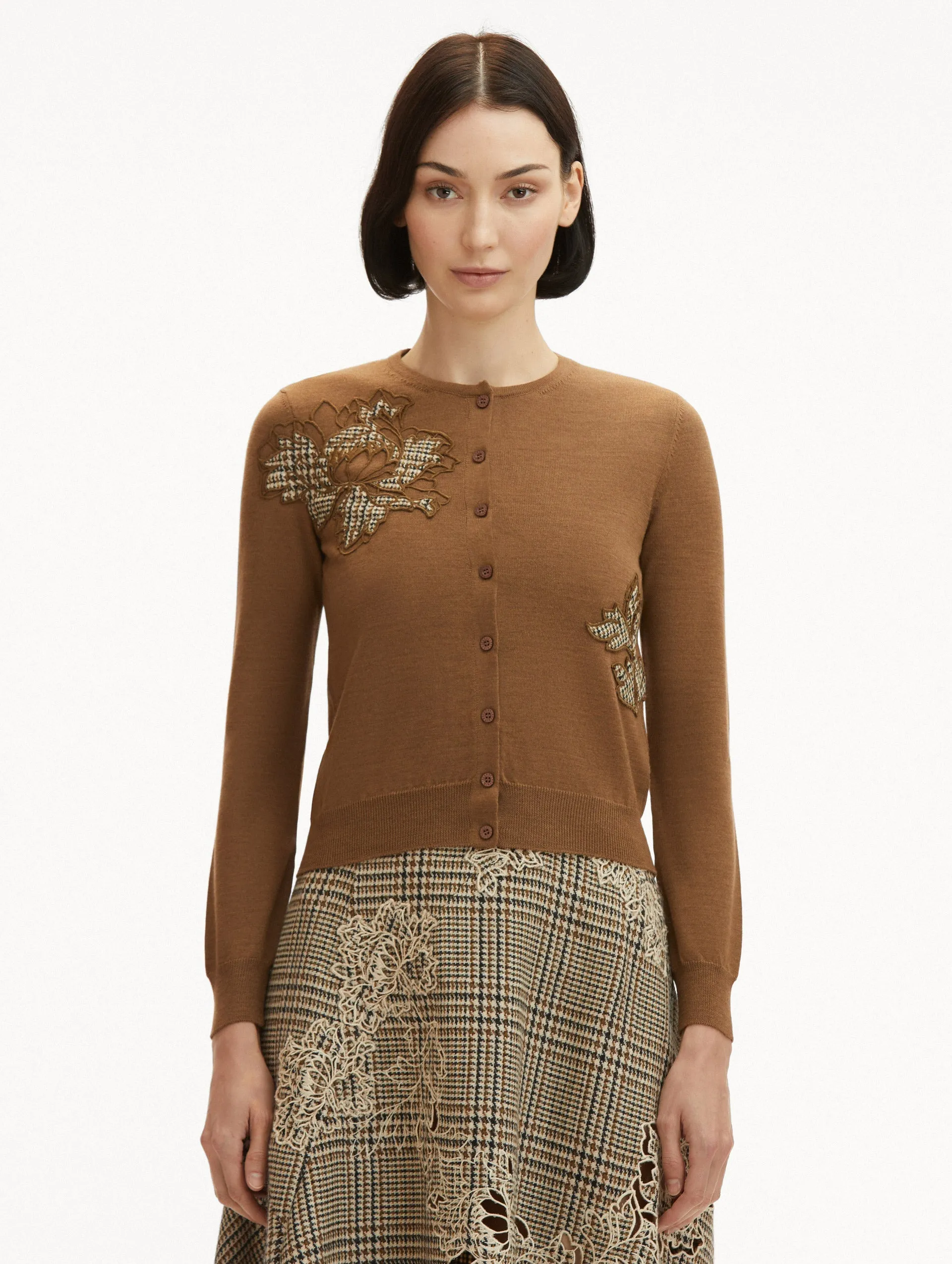 Peony Guipure Appliqué Plaid Cardigan