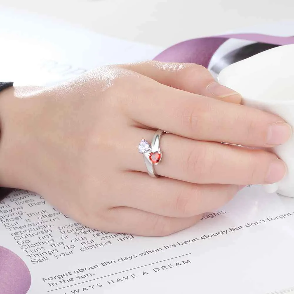 Personalized Silver Ring - Engrave One Phrase, Two Custom Names, Two Custom Heart Birthstones - Customized Gifts