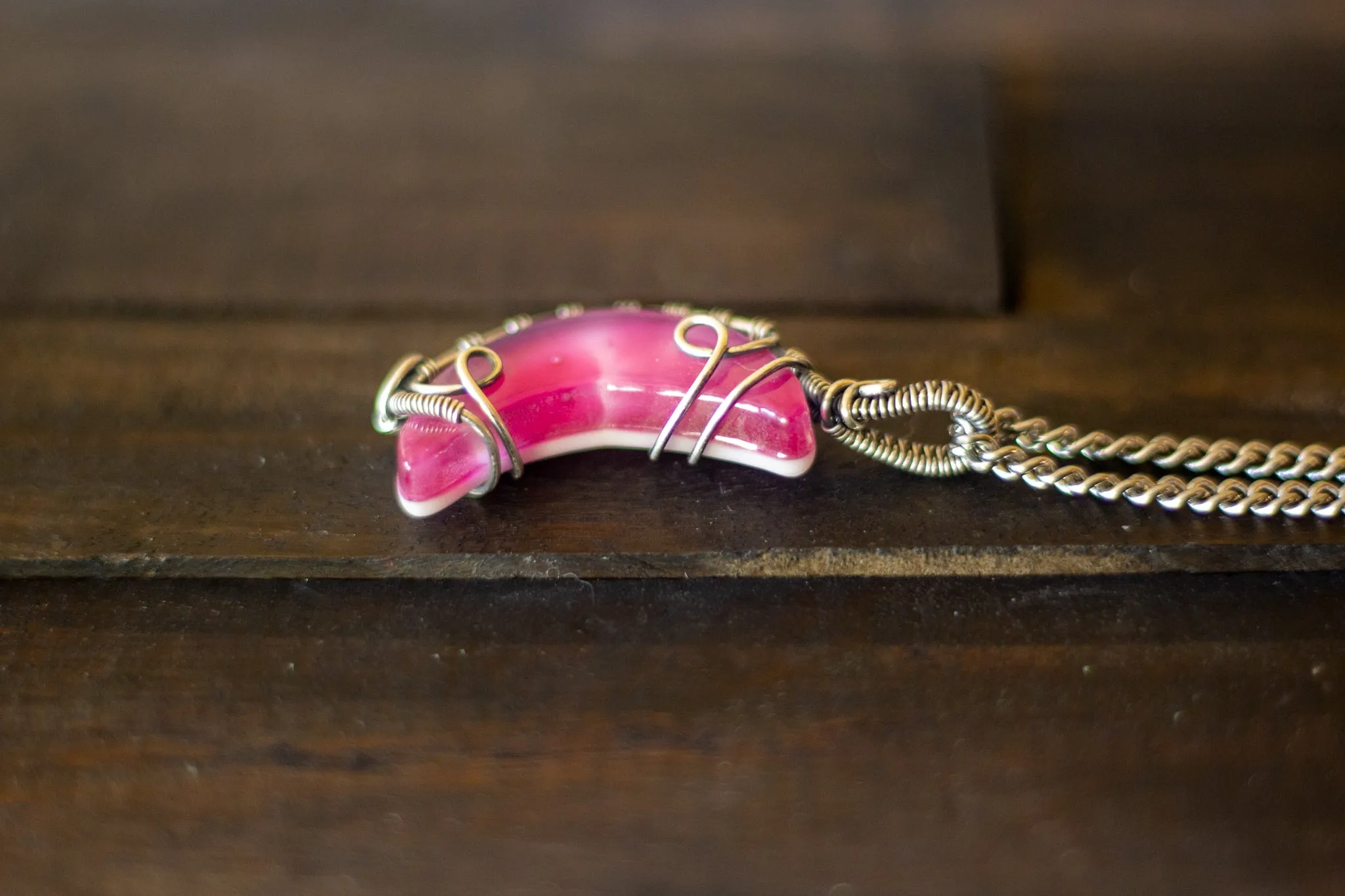 Pink Fused Glass Crescent Moon Pendant with Sterling Silver Wire Wrapping