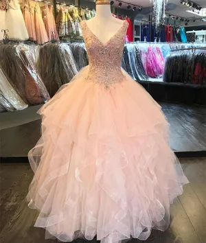 Pink v neck tulle sequin beads long prom dress, pink evening dress