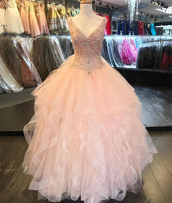 Pink v neck tulle sequin beads long prom dress, pink evening dress