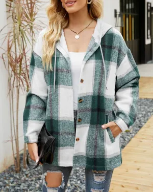 Plaid Pockets Hooded Loose-Fitting Shirt Jacket: