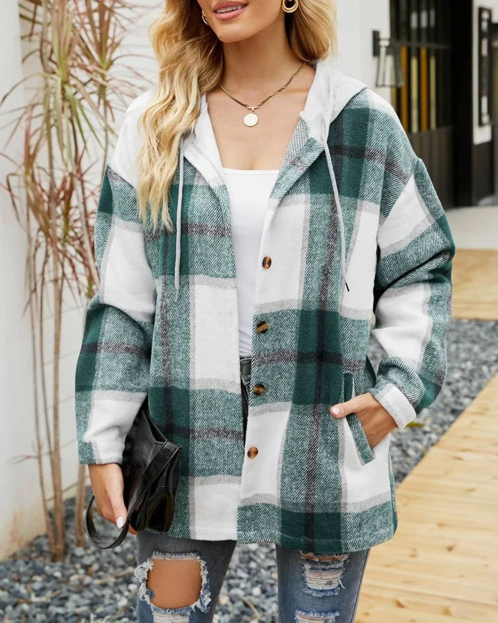 Plaid Pockets Hooded Loose-Fitting Shirt Jacket: