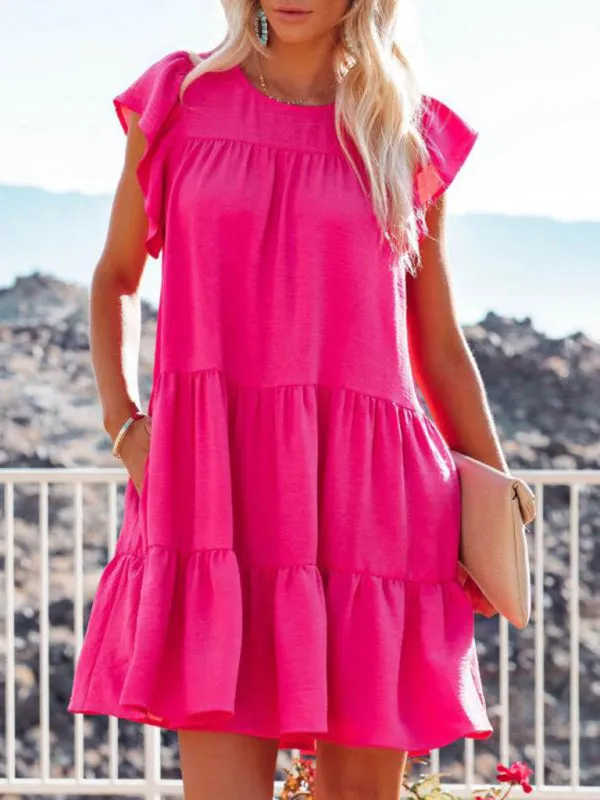 Pleated Short Sleeve Dress with Tiered Design