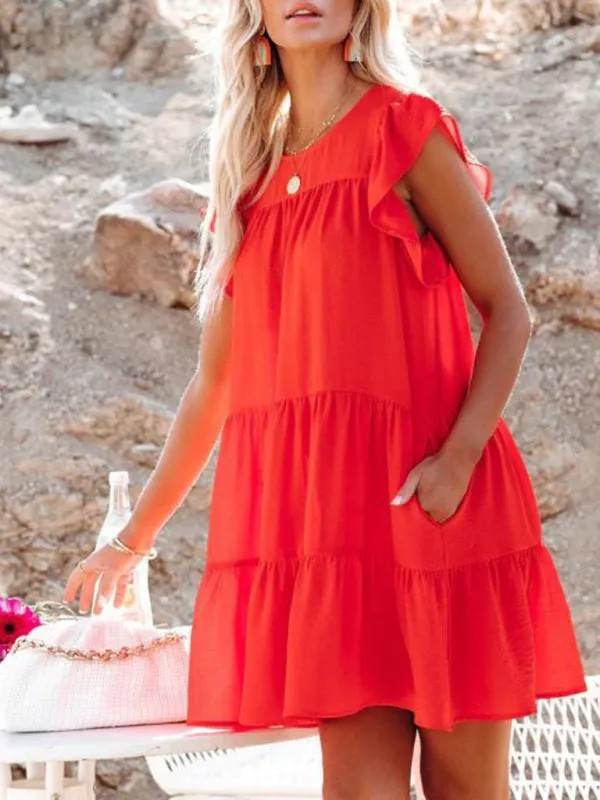 Pleated Short Sleeve Dress with Tiered Design