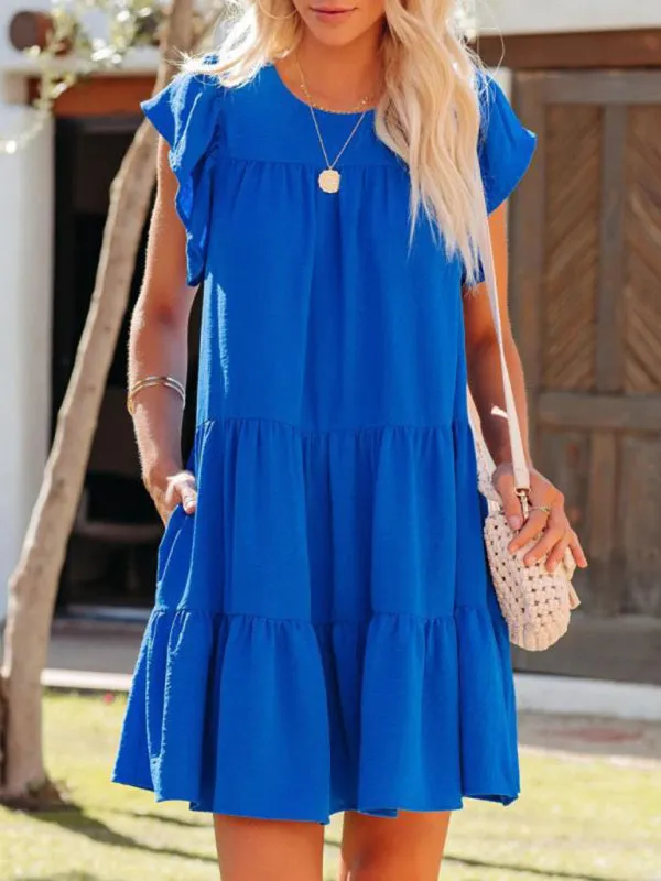 Pleated Short Sleeve Dress with Tiered Design