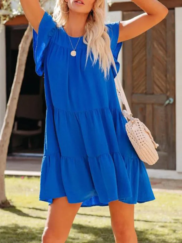 Pleated Short Sleeve Dress with Tiered Design