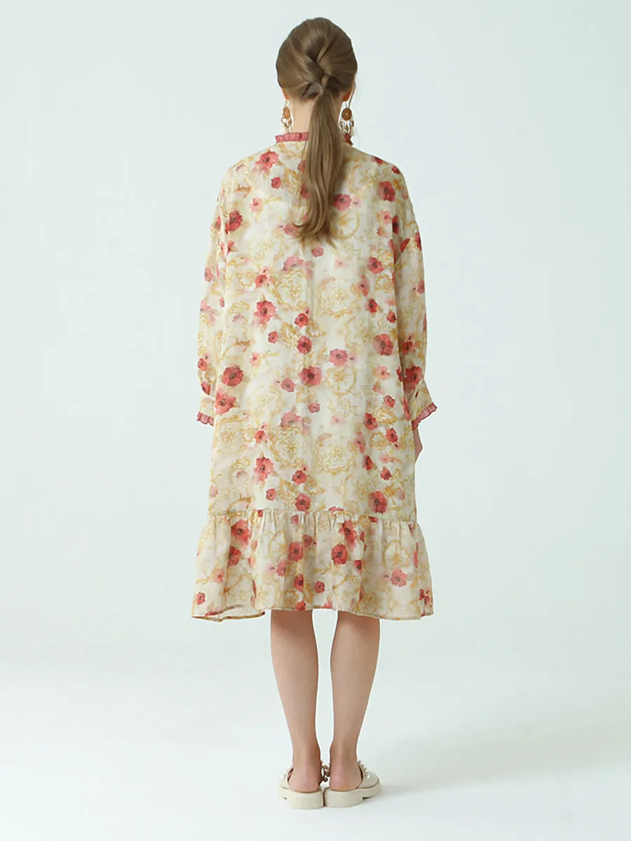 Plus Size Ramie Tencel Summer Pleated Long Sleeve Loose Dress