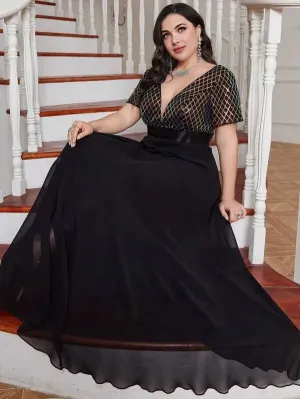 Plus Size V Neck Rhombus Sequin Luxury 4XL5XL Chiffon Dress Party Prom Black 3/4 Sleeve Over Maxi Dress for Party Wedding