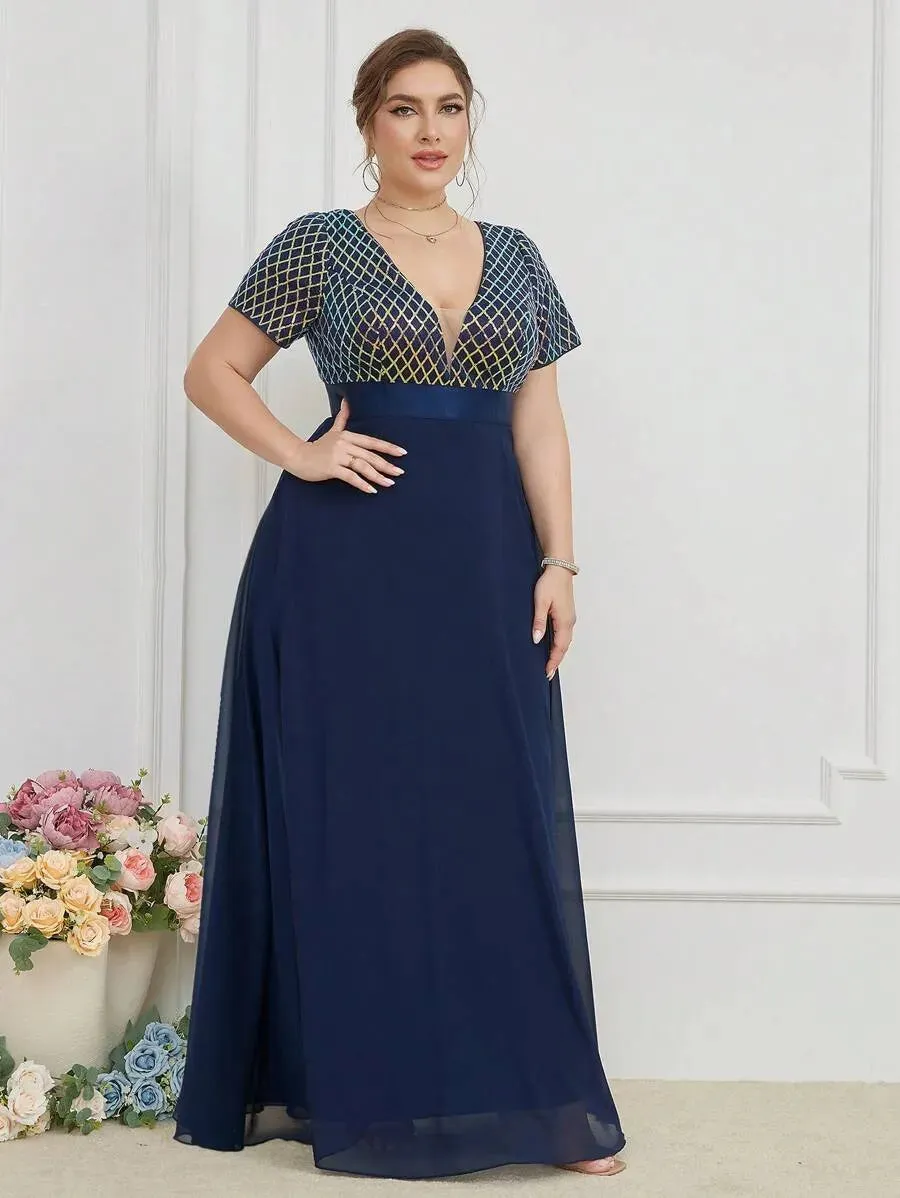 Plus Size V Neck Rhombus Sequin Luxury 4XL5XL Chiffon Dress Party Prom Black 3/4 Sleeve Over Maxi Dress for Party Wedding