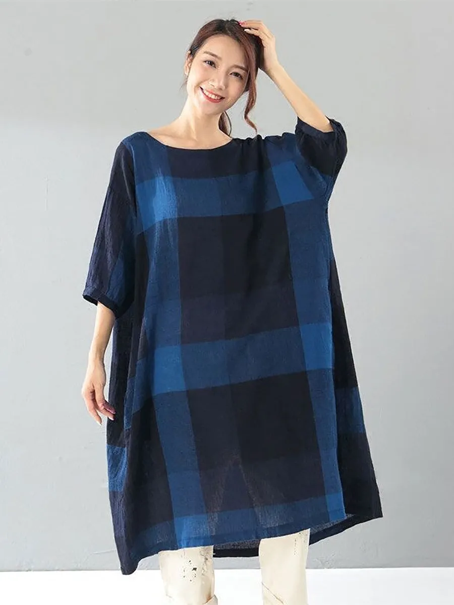 Plus Size Women Literature Lattice Loose Elbow Sleeve Dark Blue Dress