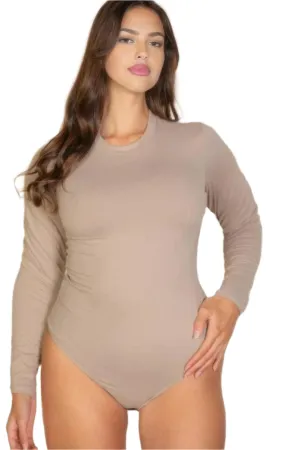 Plus Solid Long Sleeve Round Neck Bodysuit Taupe