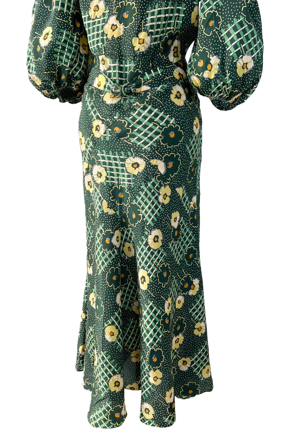 Prettiest 1930s Green Floral Print Bias Cut Silk Crepe w Yellow Collar & Original Belt