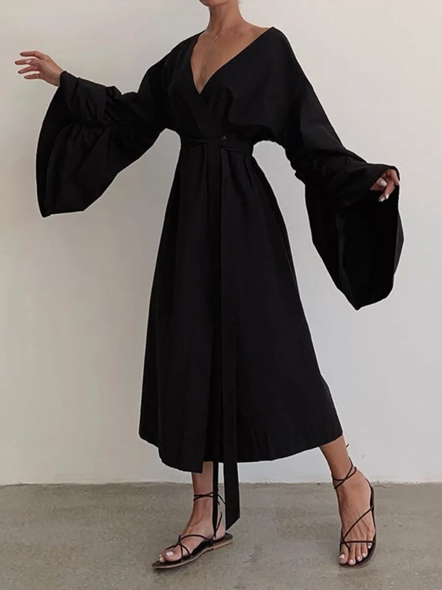 Pure Color Fashion V-Neck Belt Ladies Dress