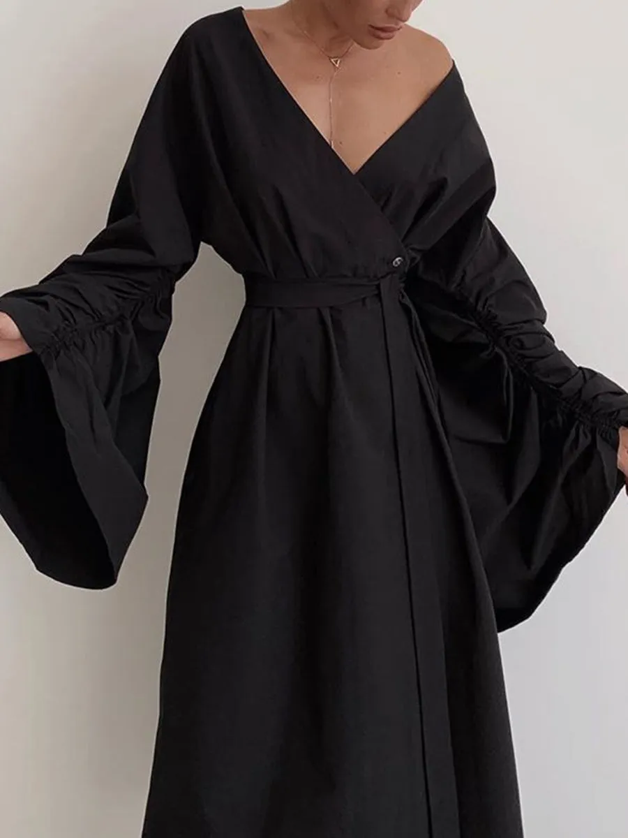 Pure Color Fashion V-Neck Belt Ladies Dress