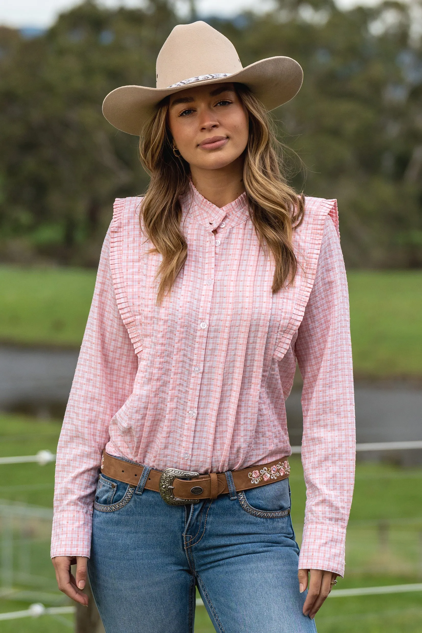 Pure Western Ladies Olivia Check Tuck Detail L/S Shirt - Pink - P3W2546710 - On Sale