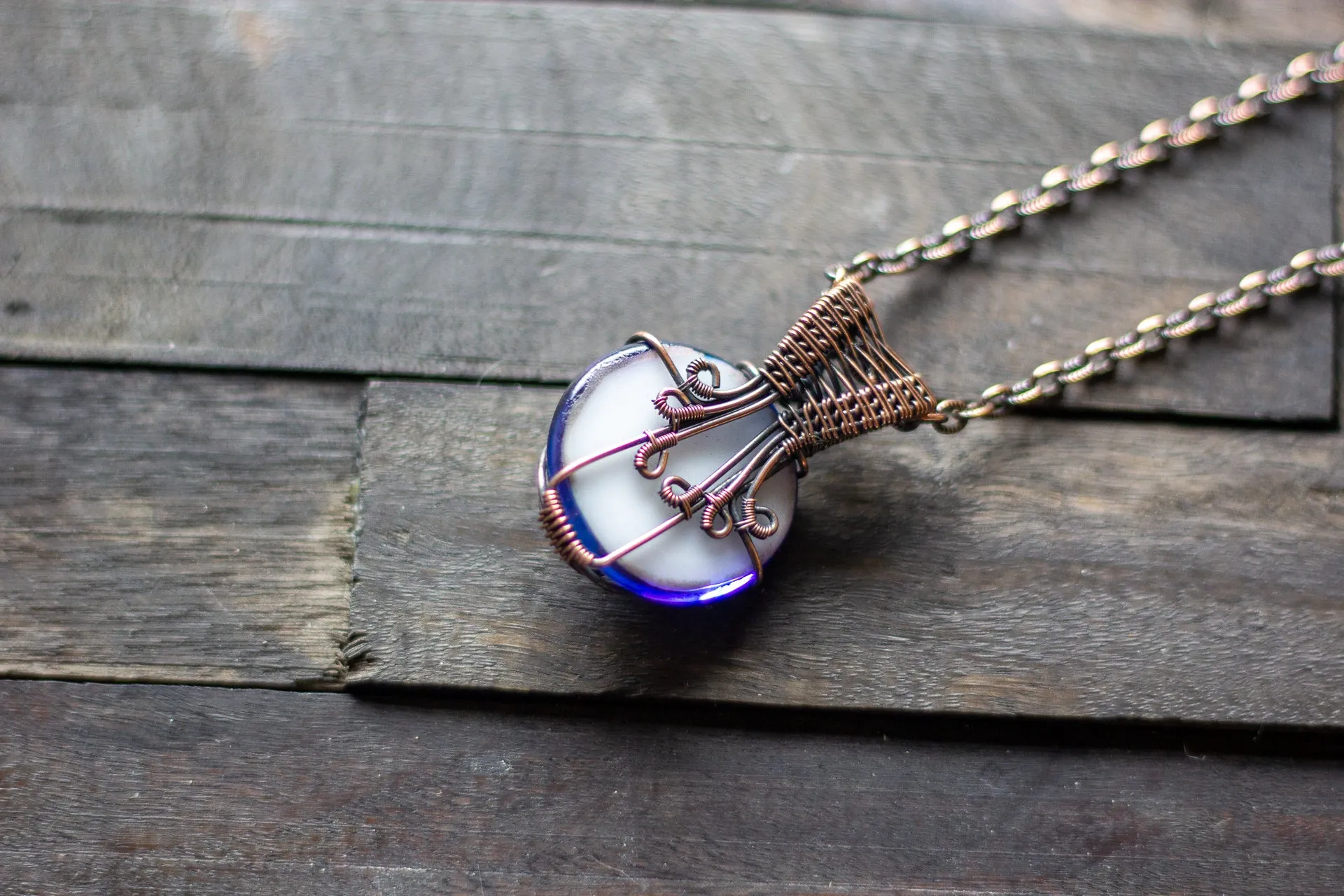 Purple and Blue Crisscross Copper Wire Wrapped Pendant