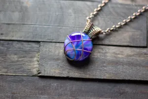Purple and Blue Crisscross Copper Wire Wrapped Pendant