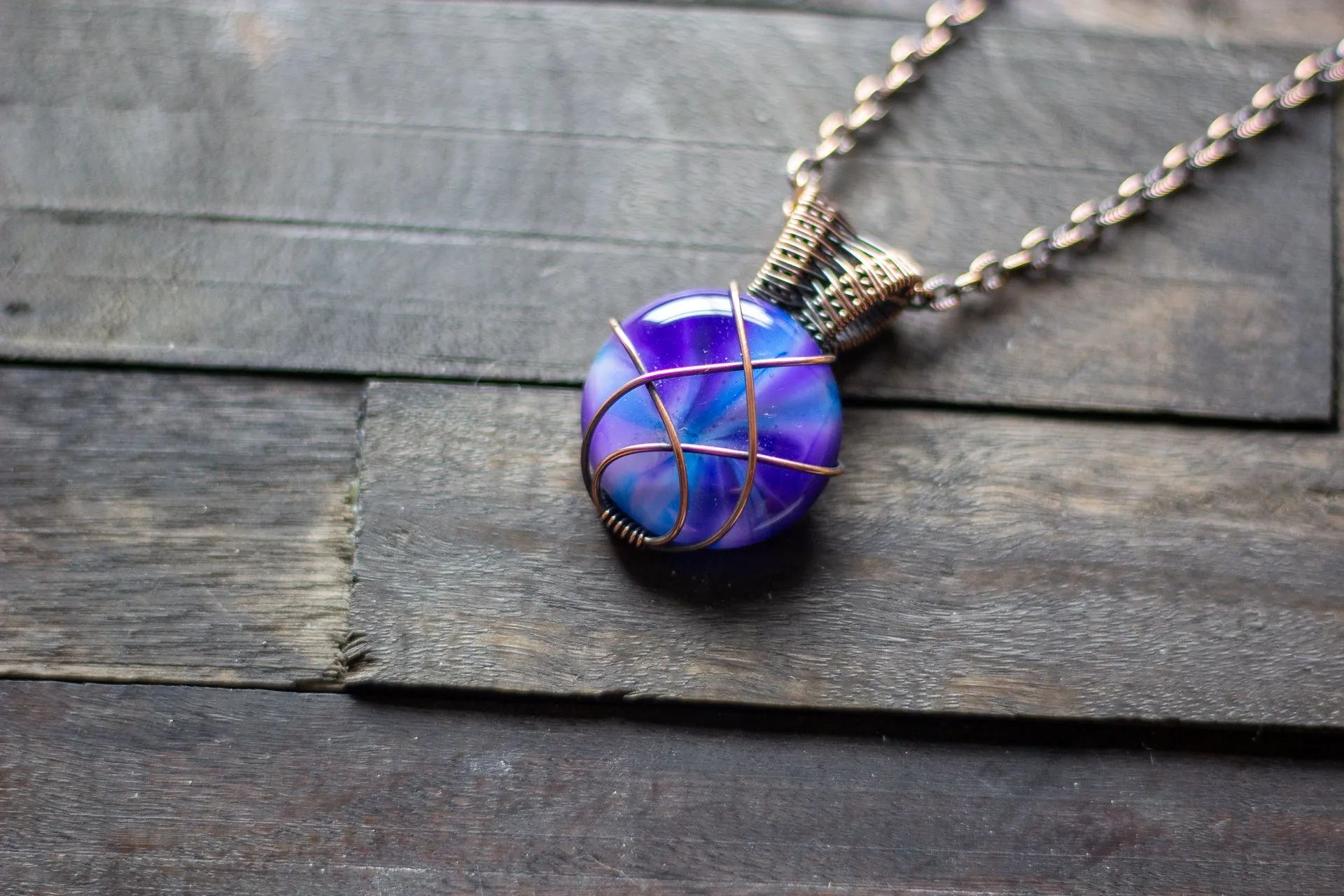 Purple and Blue Crisscross Copper Wire Wrapped Pendant