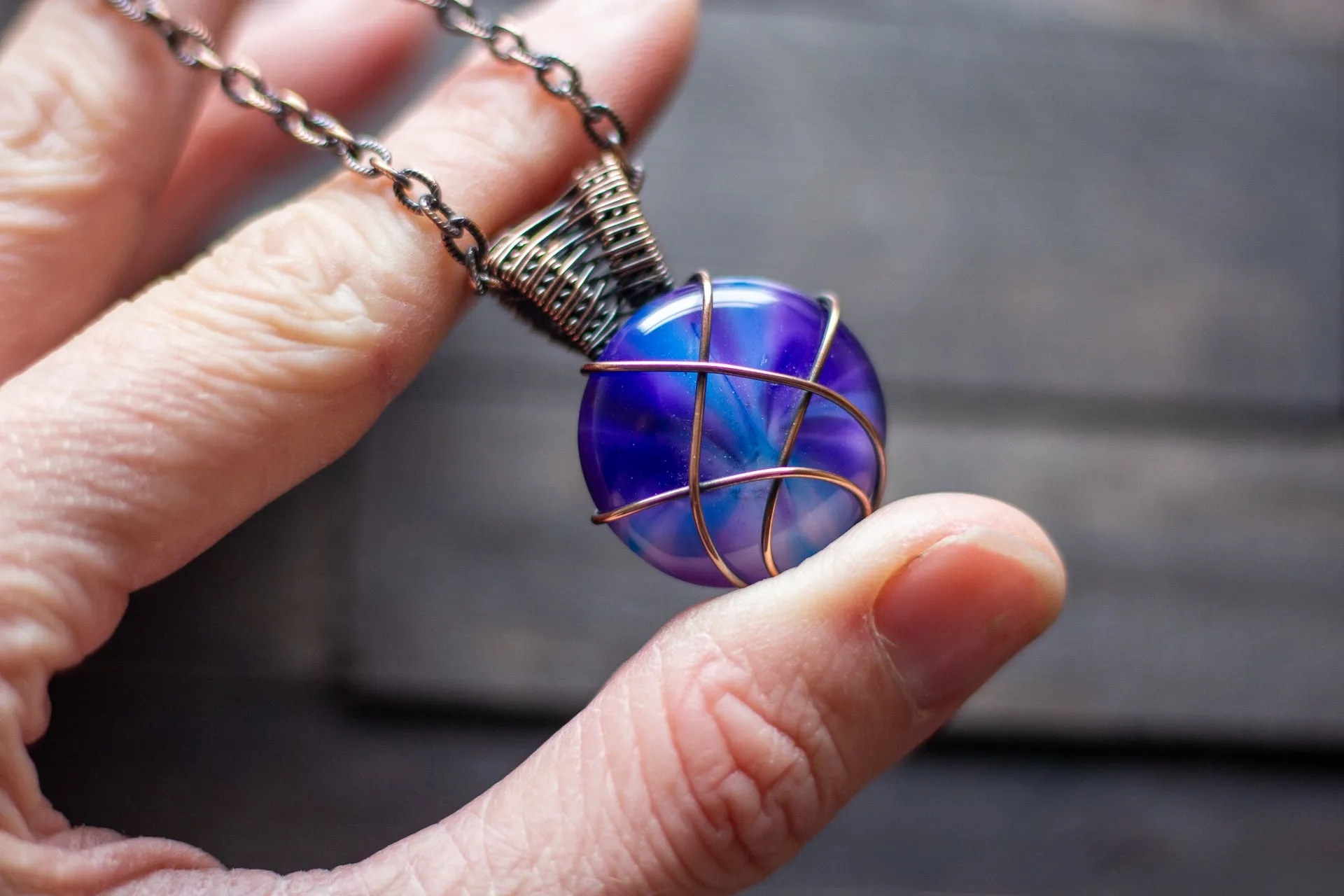 Purple and Blue Crisscross Copper Wire Wrapped Pendant