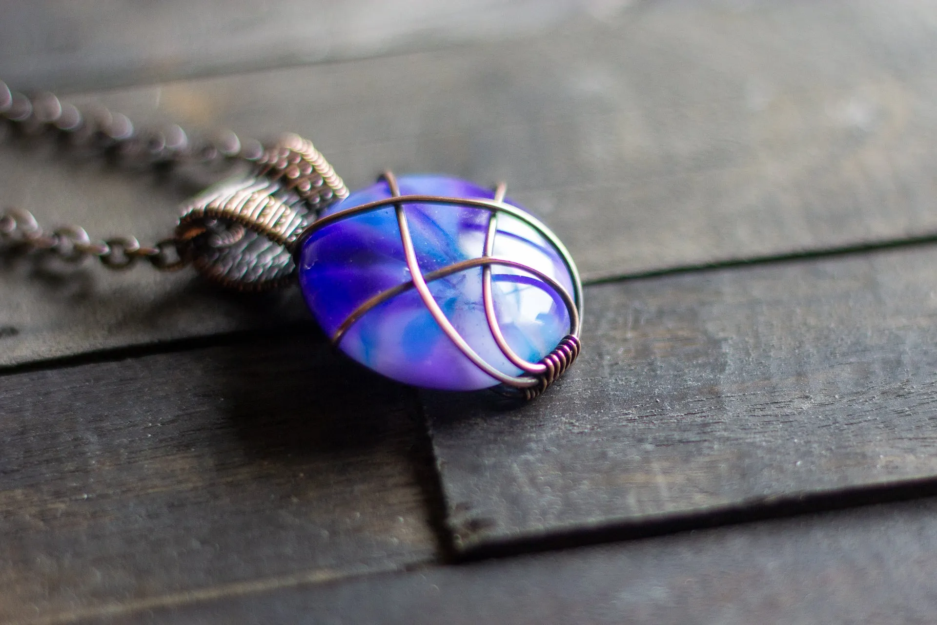 Purple and Blue Crisscross Copper Wire Wrapped Pendant