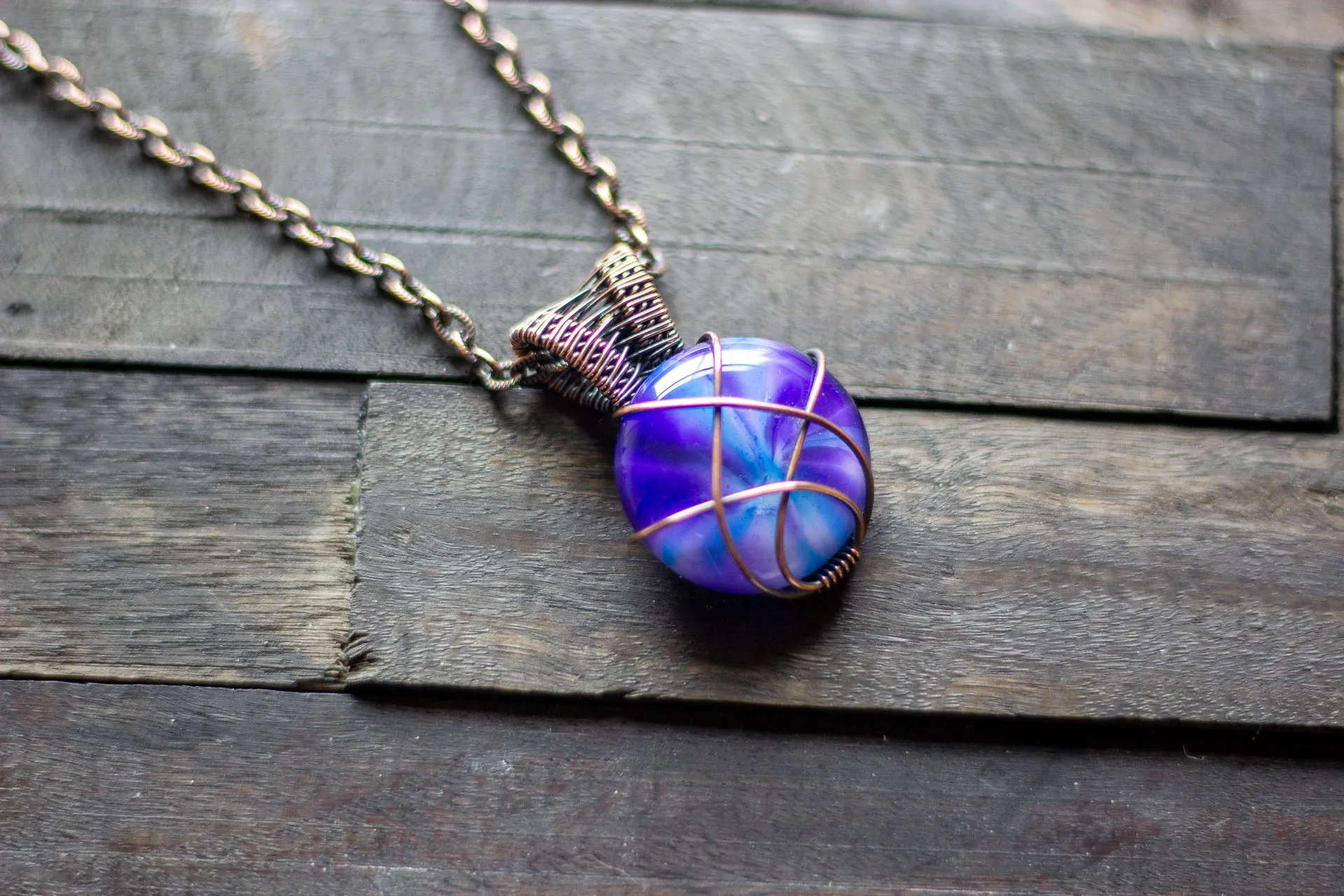 Purple and Blue Crisscross Copper Wire Wrapped Pendant