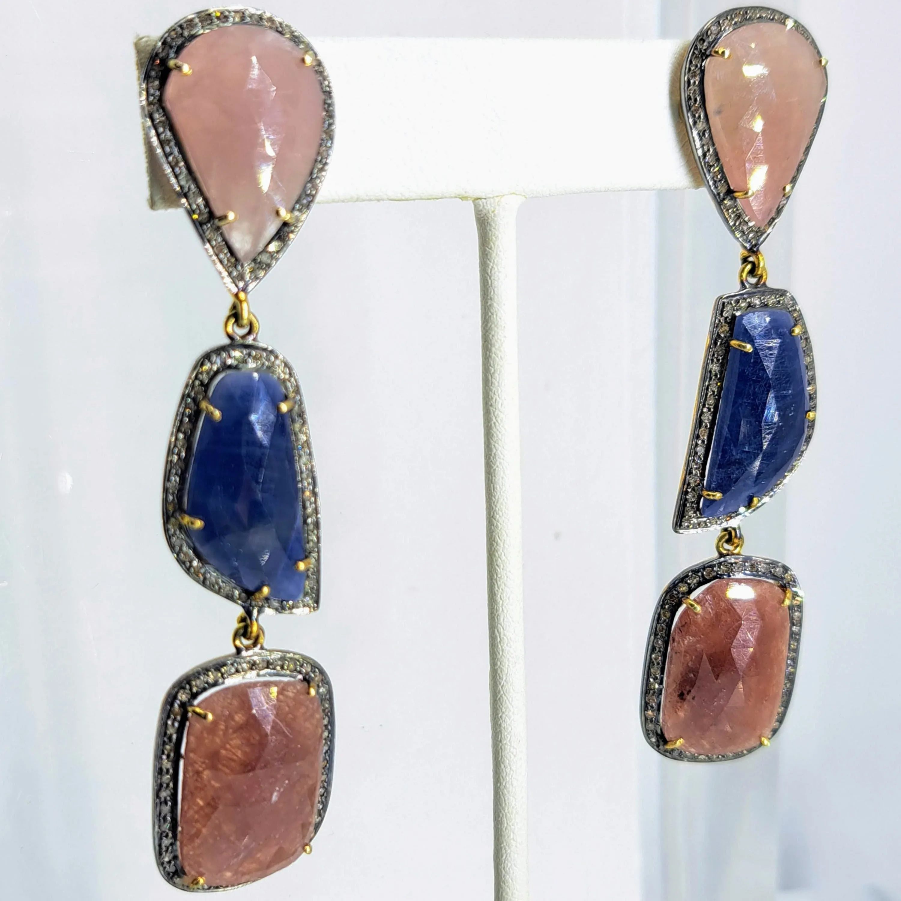 "Blue Jean Baby" 2.75" Earrings - Sapphire, Diamonds, Sterling, 18k Gold Accents