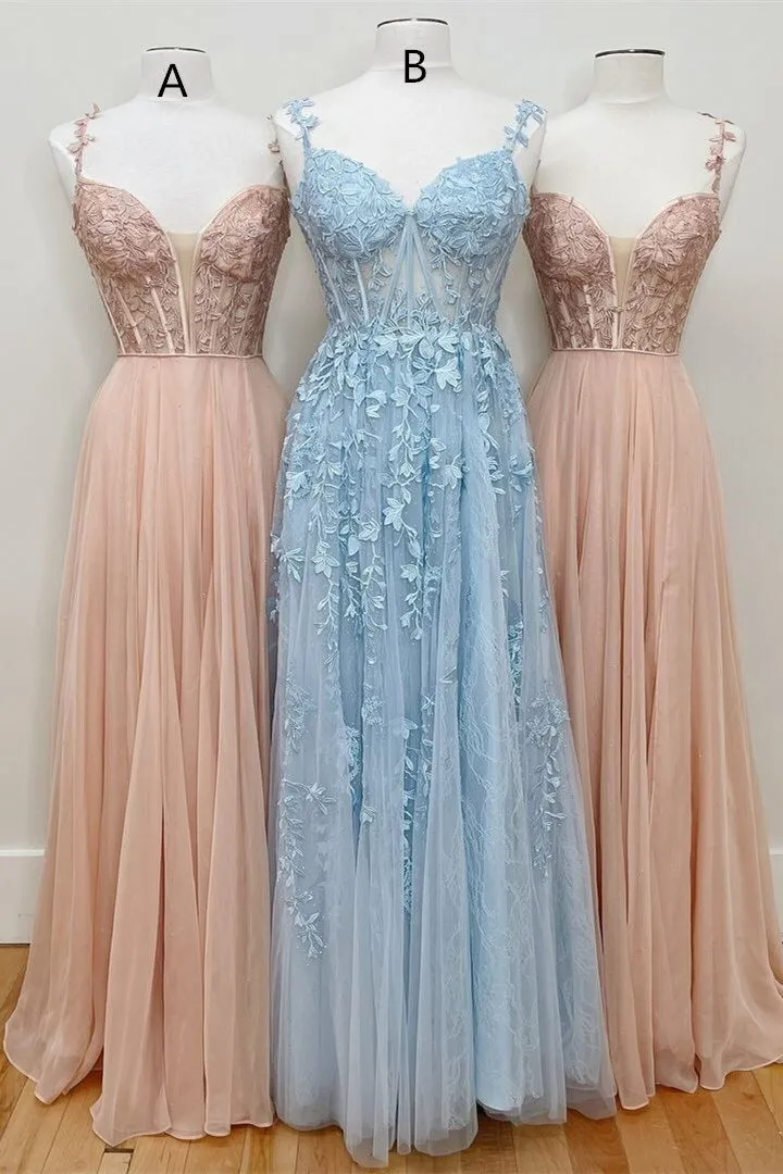 Red A-line Lace Appliques Chiffon Long Prom Dress