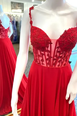 Red A-line Lace Appliques Chiffon Long Prom Dress